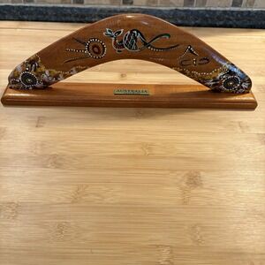 Wooden Boomerang W/Engraved Kangaroo Design Australian Hand Made 14" W/Stand